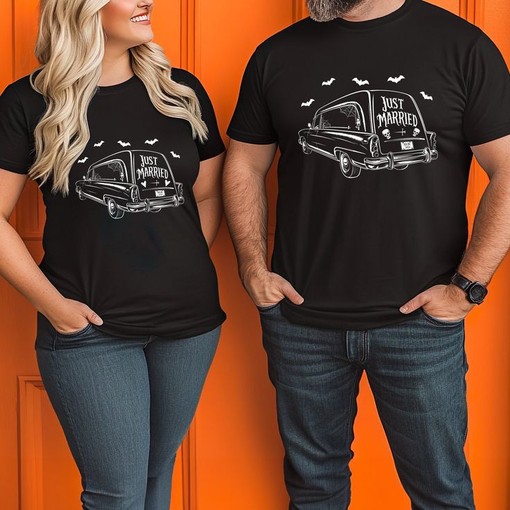 Get into the spooky newlywed spirit with our fun and playful Couples Halloween T-Shirts! Perfect for Halloween parties, date night or just lounging around, these matching tees are sure to bring smiles and laughs.  *EACH ONE SOLD SEPARATELY* All of our shirts are custom made to order ► SHIRT DETAILS: * Classic unisex crew neck short sleeve  * Unisex regular fit - for the oversized look, size up * Ribbed knit makes the collar highly elastic and helps retain its shape * Fabric blends: Ash and Heather Prism colors - 99% Airlume combed and ring-spun cotton, 1% polyester * Fabric blends: Heather and Solid Blend colors - 52% cotton, 48% polyester * Fabric blends: Athletic Heather and Black Heather - 90% cotton, 10% polyester ► Color Disclaimer: The color of the shirt may appear slightly different Halloween Bride And Groom, Just Married Shirts, Matching Costume, Halloween Bride, Groom Shirts, Married Shirt, Matching Costumes, Couples Halloween, Halloween T Shirts