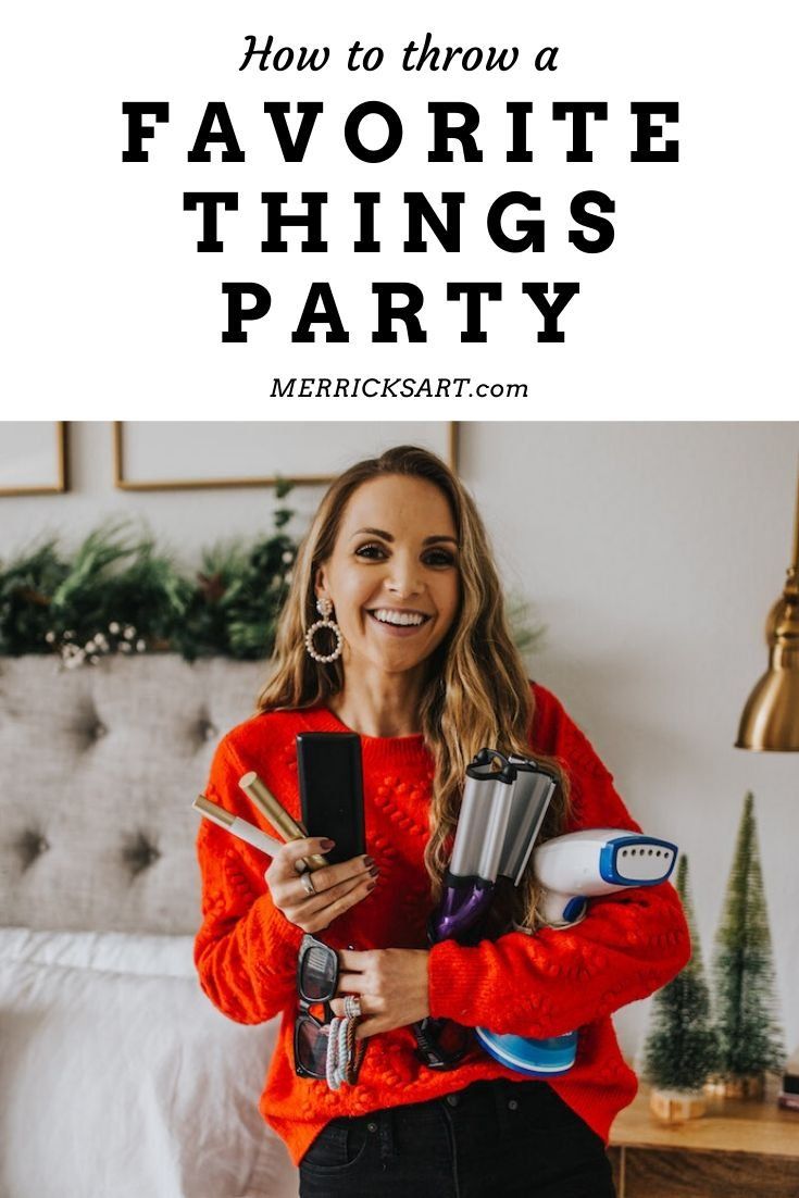 a woman sitting on a bed with her hair dryer in her hand and the words how to throw a favorite things party