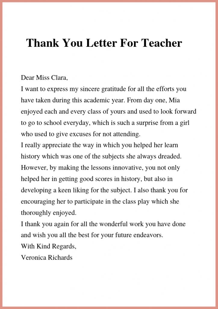 a thank letter to a teacher from her