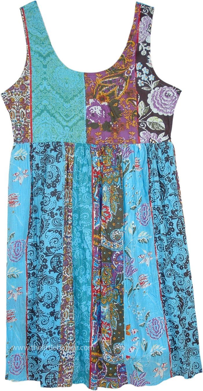 Turquoise Blue Multi-Floral Cotton Dress Repurposed Shirts, Patch Work Dress, Clothing Recycling, Upcycled Couture, Patchwork Clothes, Blue Cotton Dress, Floral Cotton Dress, Hippie Look, Trendy Skirts