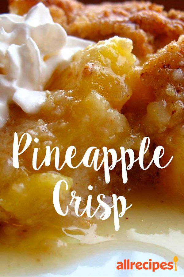 a close up of food on a plate with the words pineapple crisp above it