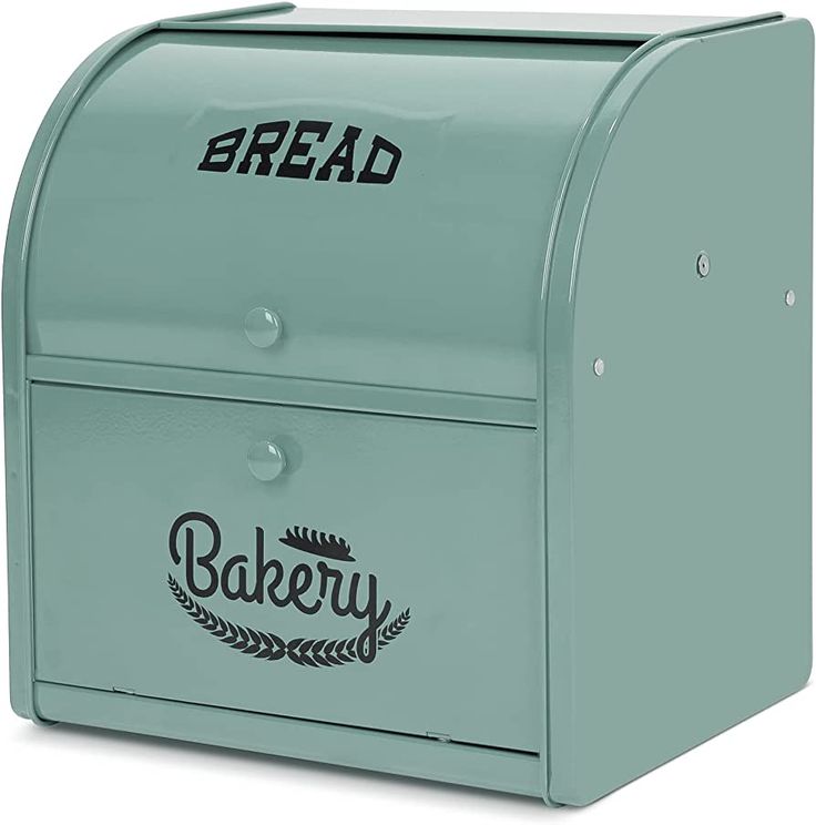 a green mailbox with bread written on the front and bottom, in black lettering