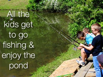 three children fishing on a dock with the caption all the kids get to go fishing & enjoy the pond