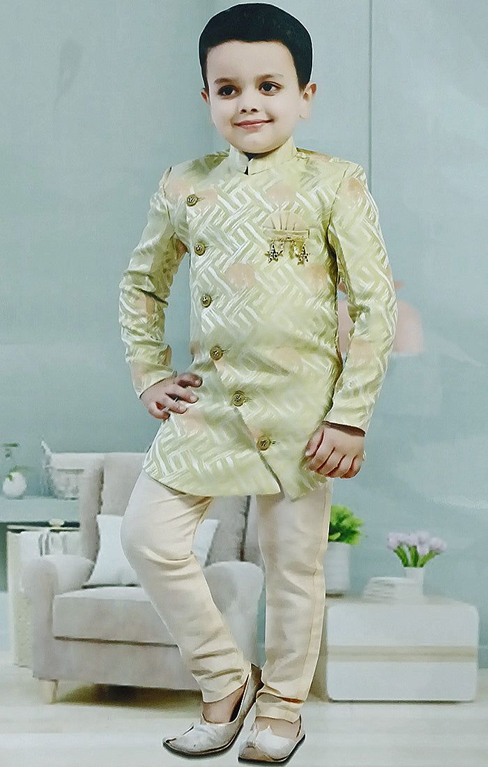 Boys' Sherwani & Pant in Green/White Color - PAAIE Boys Sherwani, Kids Handicraft, Indo Western Gown, Sequence Blouse, Kurta Pajama Men, Saree Petticoat, Printed Silk Fabric, Full Sleeve Blouse, Belt Blouse