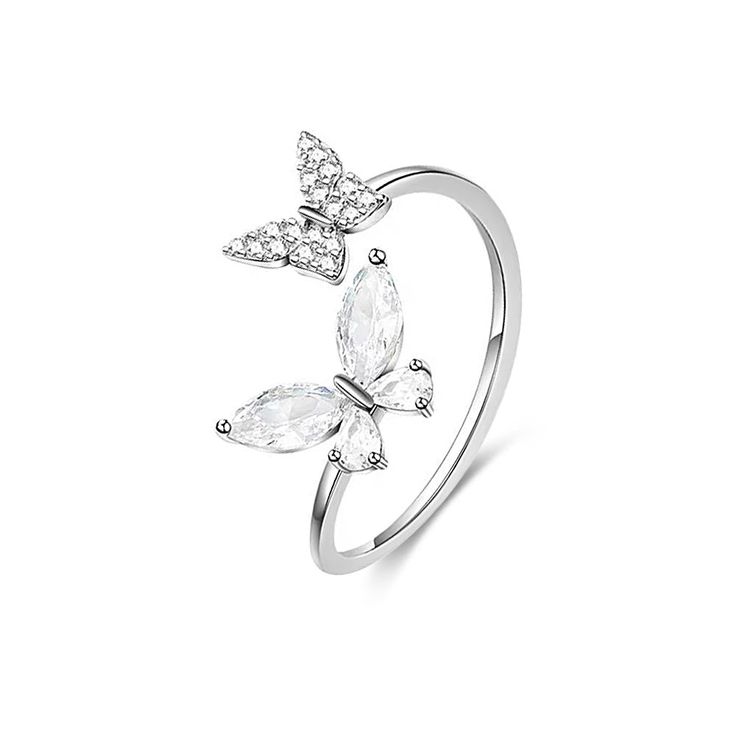 Take a leap of faith with our 925 Silver Butterfly Toi et Moi Ring! Crafted with high-quality silver, this unique ring features two delicate butterflies joined together, symbolizing the bond between two daring souls. Make a statement and embrace the risk of love and adventure with this stunning piece.      Tarnish proof    Water proof    Sleep / Nap proof    Safe for sensitive skin    Wear it while working out &showering    Designed to wear 24/7       Details    Materials   :   925 Sterling Silver     Stone   :   CZ Diamond    Weight   :   1G    Size   :   Adjustable    SKU   : R24091015 Fine Jewelry Adjustable Butterfly Open Ring, Adjustable Fine Jewelry Butterfly Open Ring, Adjustable Butterfly Open Ring Fine Jewelry, Adjustable Open Butterfly Ring In Fine Jewelry, Adjustable Silver Butterfly Ring, Silver Butterfly Rings With Butterfly Charm, Silver Ring With Butterfly Charm For Wedding, Elegant White Sterling Silver Butterfly Ring, Elegant Sterling Silver Rings With Butterfly Charm