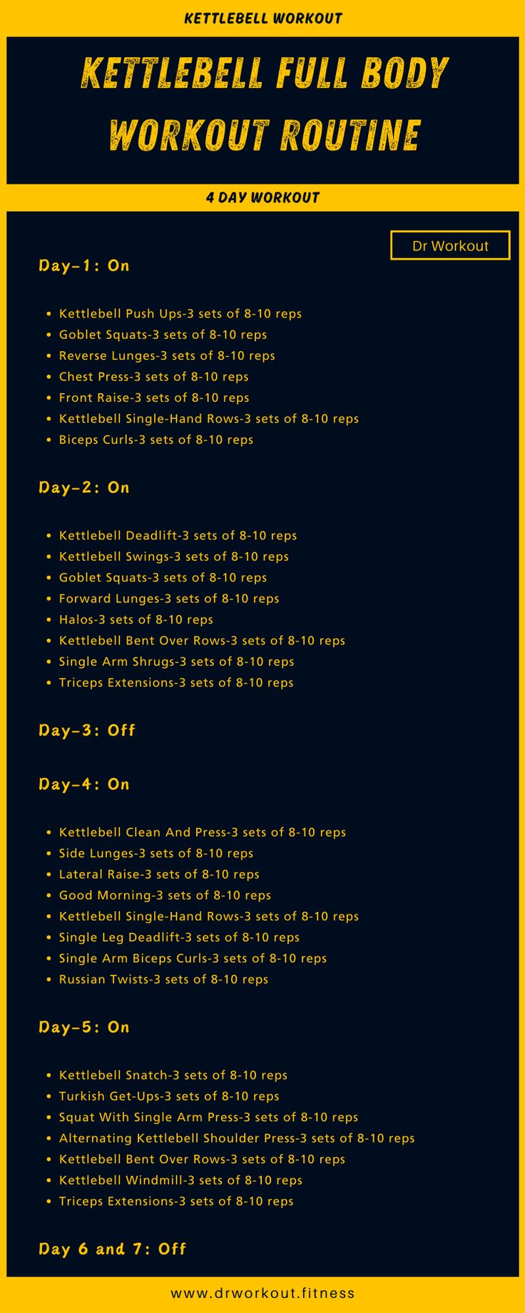 the kettlebell full body workout routine is shown in black and yellow, with instructions on how to use it