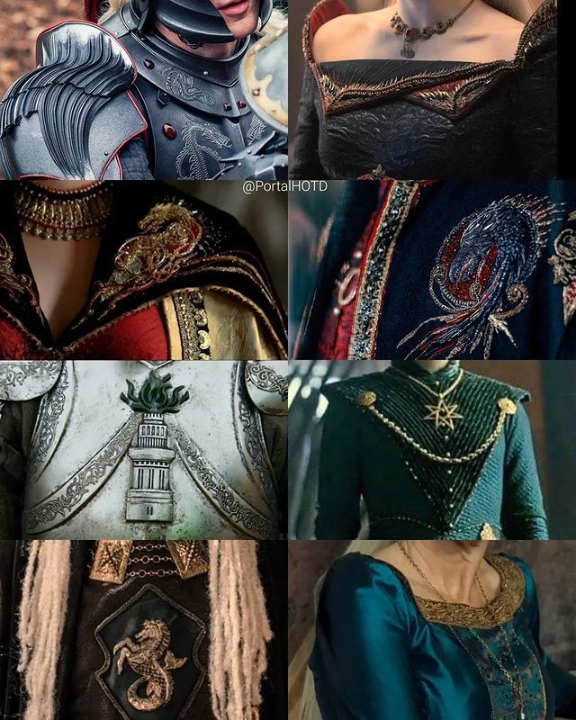 four different images of women in medieval costumes, one is wearing a helmet and the other has