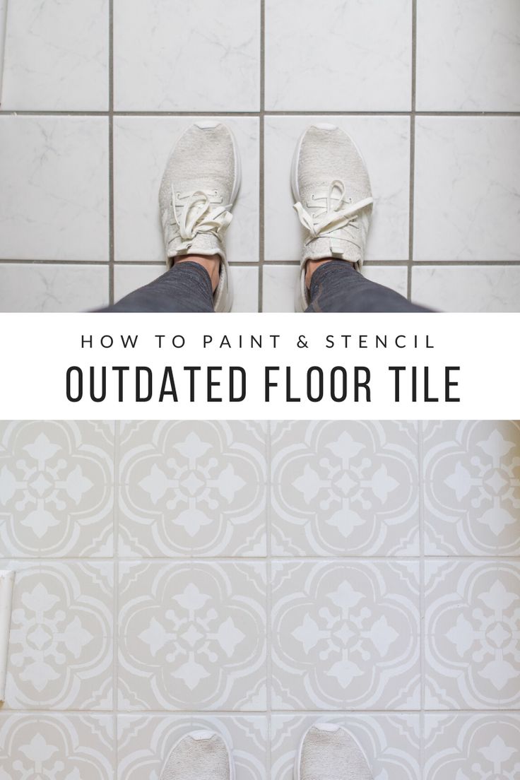 someone standing in front of a tile floor with their feet up and the words, how to paint & stencil outdated floor tiles