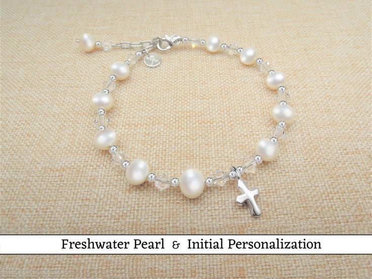 "Thank you for visiting our store. This item is an Etsy bestseller with 200+ five star reviews. This beautiful freshwater pearl bracelet is a timeless keepsake that makes a perfect gift for First Communion, Baptism, Blessing, Christening, Confirmation, Dedication, or a special day to treasure. The bracelet is 100% individually hand-beaded in US and has an 1\" extension chain to allow the child to wear the bracelet as they grow. Bracelet Details & Features: 1. Genuine freshwater pearls (6mm, high White Sterling Silver Rosary Bracelet Gift, Silver Spiritual Bracelet For First Communion, Silver Spiritual Bracelets For First Communion, White Rosary Bracelet For First Communion, Customizable White Rosary Bracelet As Gift, Customizable White Rosary Bracelet Gift, Customizable White Rosary Bracelet As A Gift, Silver Spiritual Bracelet For Baptism, Spiritual Silver Bracelets For Baptism