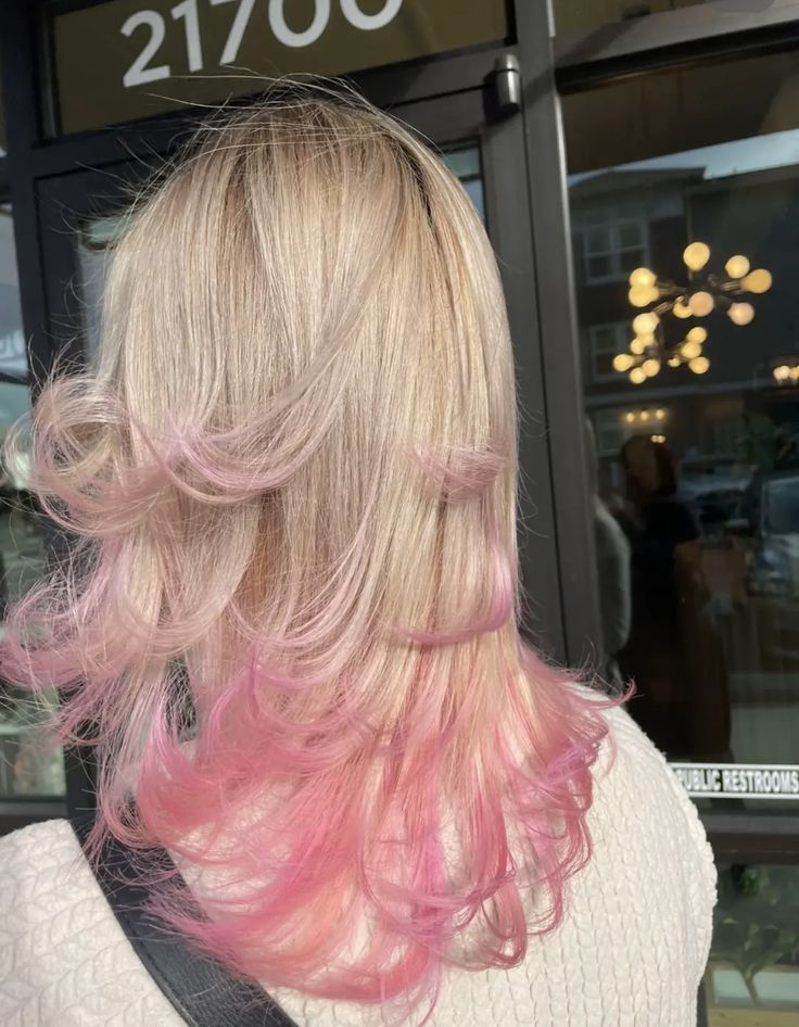 Pink Hair Pink Outfit, Blonde And Pink Hair Peekaboo, Dyed Hair For Blondes, Pikaboo Hair, Blonde Pink Highlights, Blonde With Pink Highlights, Pink Highlights Blonde Hair, Blonde Hair With Pink Tips, Hairdye Ideas