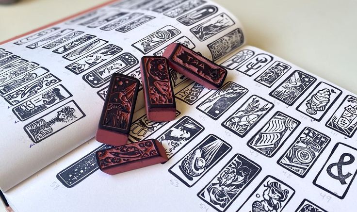 some kind of book that is open to pages with different designs on it, including playing cards