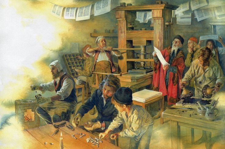 a painting of men working in an old time shop with other people around the table