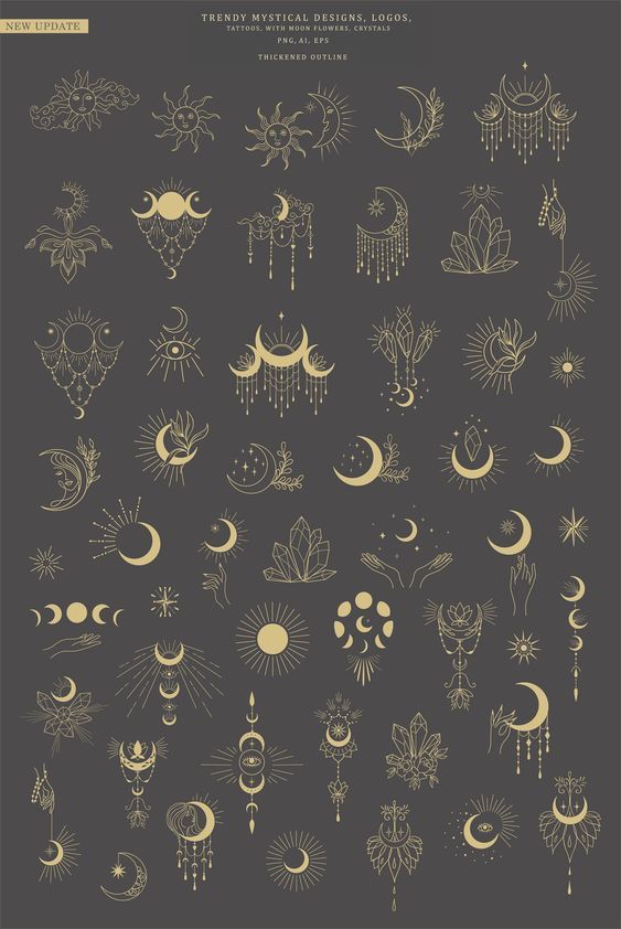 the moon and stars are drawn in gold on a black background