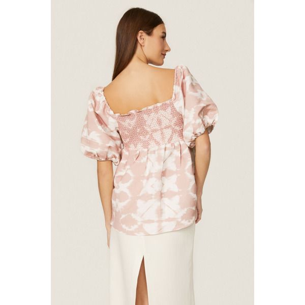 Pale pink polyester (100% Polyester). Top. Square neck. Short sleeves. Side zipper closure. 23" from shoulder to hemline. Imported. Pink Off-shoulder Blouse For Brunch, Pink Off-shoulder Top For Brunch, Pink Blouse For Brunch, Pink Feminine Blouse For Vacation, Feminine Pink Tops For Daywear, Feminine Pink Blouse For Vacation, Fitted Pink Blouse For Vacation, Pink Fitted Blouse For Day Out, Pink Tops For Daywear In Summer