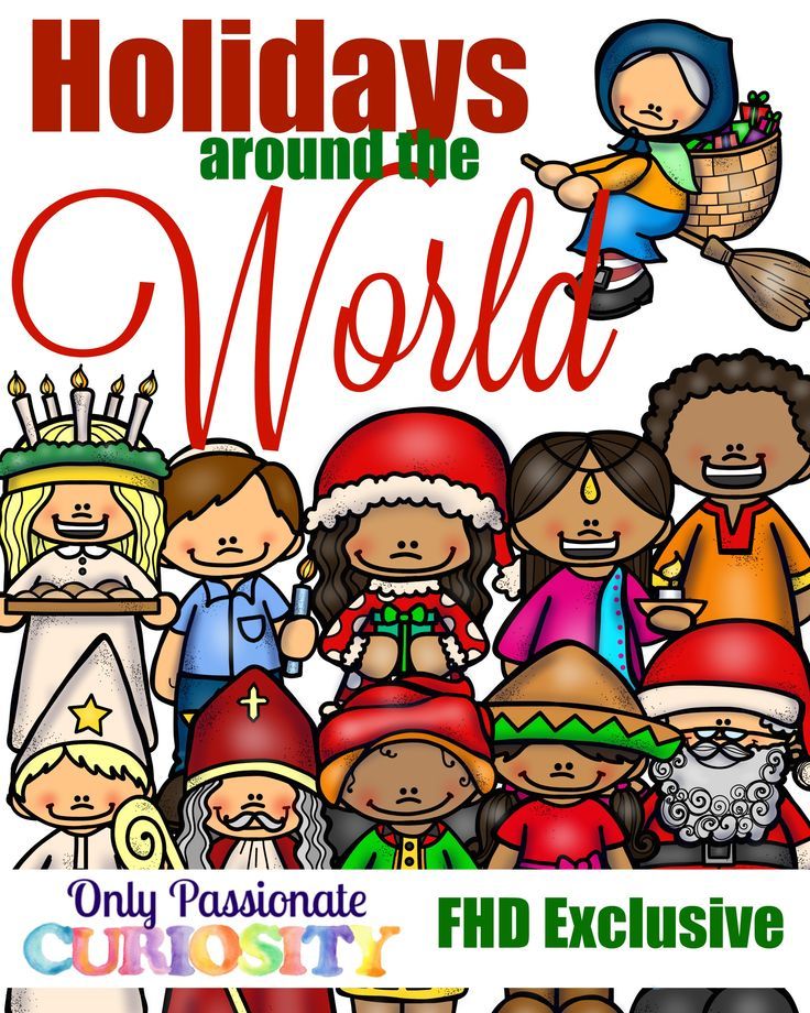 the holidays around the world poster with children dressed up as santa and other holiday characters