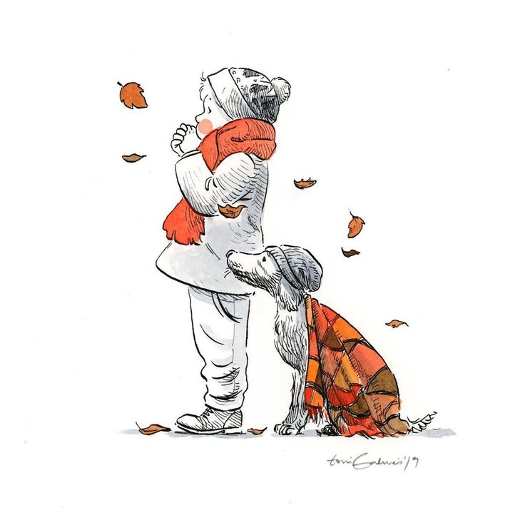 a drawing of a person hugging a dog in the fall with falling leaves around them