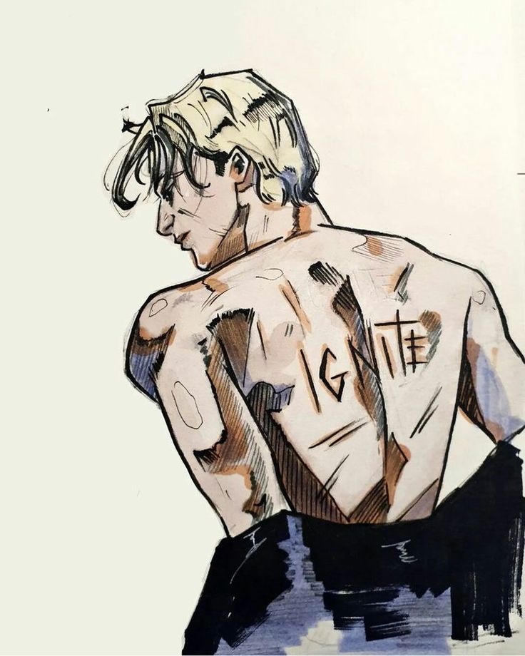 a drawing of a man with tattoos on his back