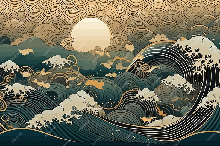 an ocean scene with waves and the sun in the sky, as well as clouds