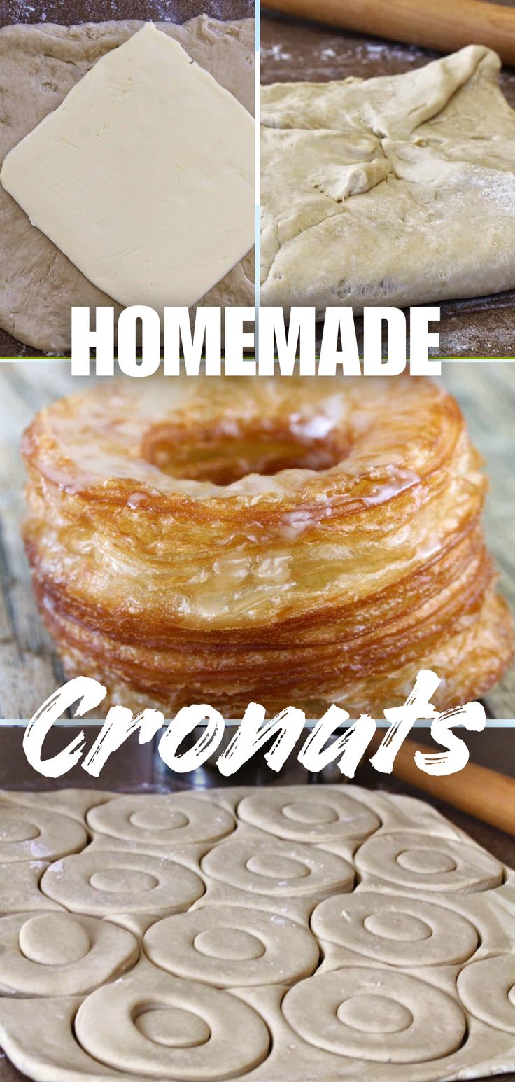 A collage image showing a homemade cronut and parts of the process to make them. Cronut Recipe, French Donuts, Recipe Development, Homemade Croissants, Homemade Donuts Recipe, Dominique Ansel, Cronut, Homemade Donuts, Doughnut Recipe