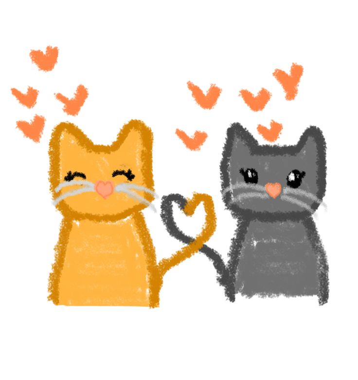 two cats that are next to each other with hearts coming out of their mouths and noses