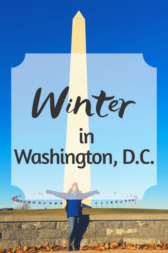 a woman standing in front of the washington monument with text overlaying it that reads winter in washington, d c