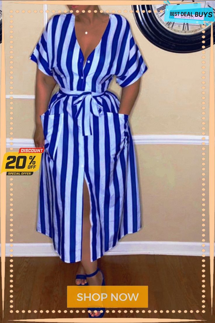 Striped Button Up Pocket Belted Dress Style Bleu, V Neck Shirt, Dress Sleeve Styles, Puff Long Sleeves, Neck Bodycon Dress, Casual Stripes, Sleeveless Mini Dress, Long Sleeve Mini Dress, Red Fashion