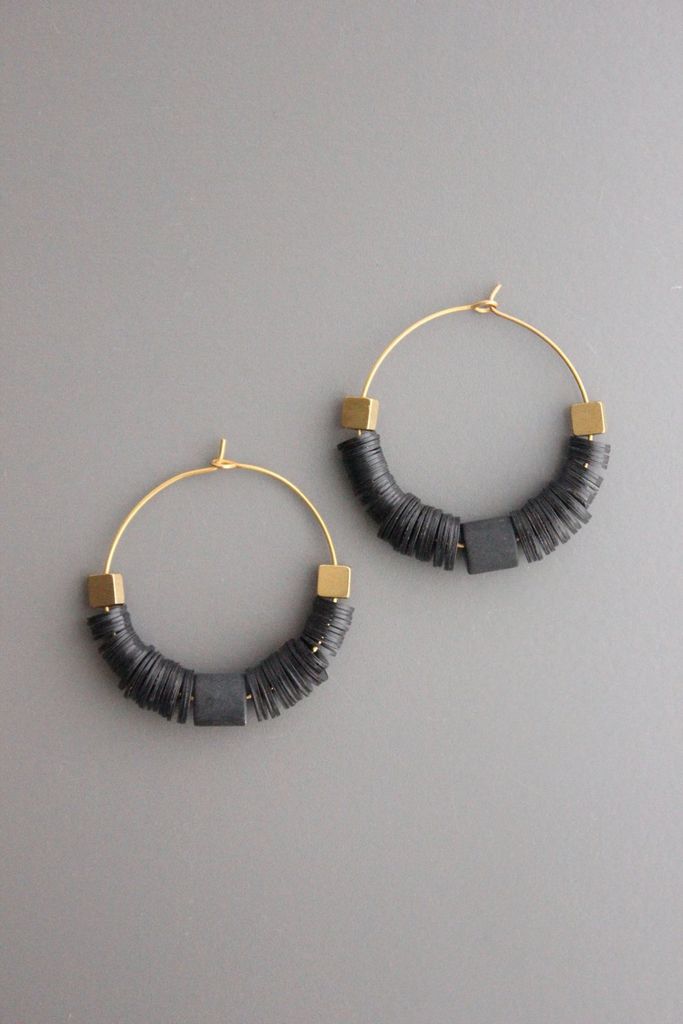 Modern Black Hoop Jewelry, Modern Black Small Hoop Jewelry, Modern Handmade Black Hoop Earrings, Modern Black Handmade Hoop Earrings, Black Brass Hoop Earrings As Gift, Handmade Modern Onyx Jewelry, Single Black Brass Earring, Black Nickel-free Small Hoop Jewelry, Nickel-free Small Hoop Black Jewelry