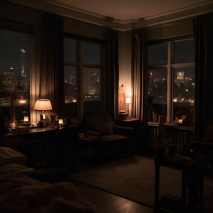 a dimly lit room with large windows overlooking the city