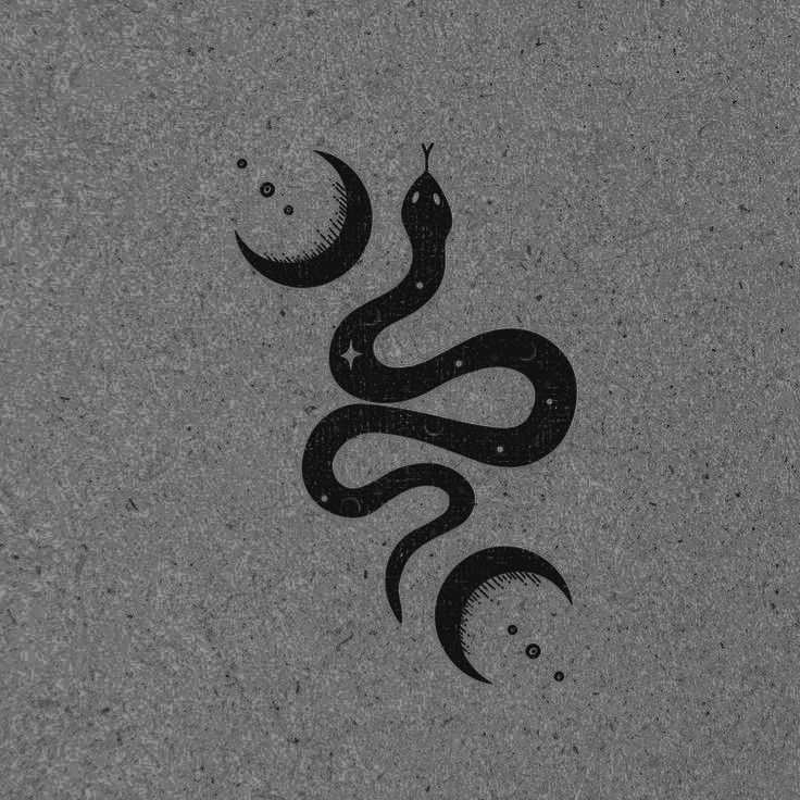 a black and white drawing of a snake with two crescents on it's back