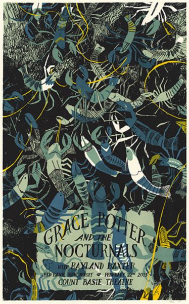 a poster with blue and yellow lines on it that says grace potter and the nocturnias