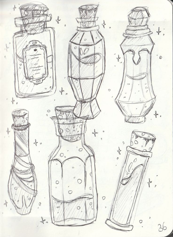 some bottles and jars are drawn in pencil