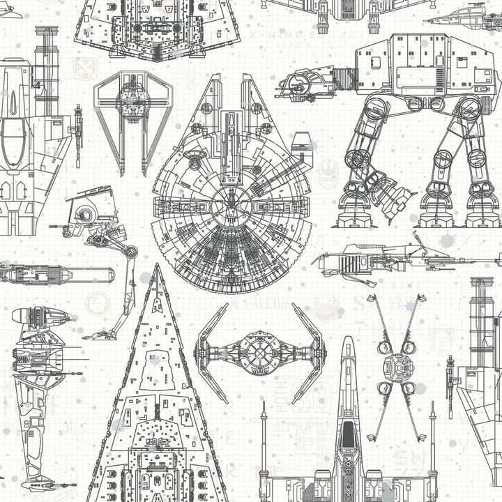 the star wars vehicles are shown in black and white, as well as some blueprints