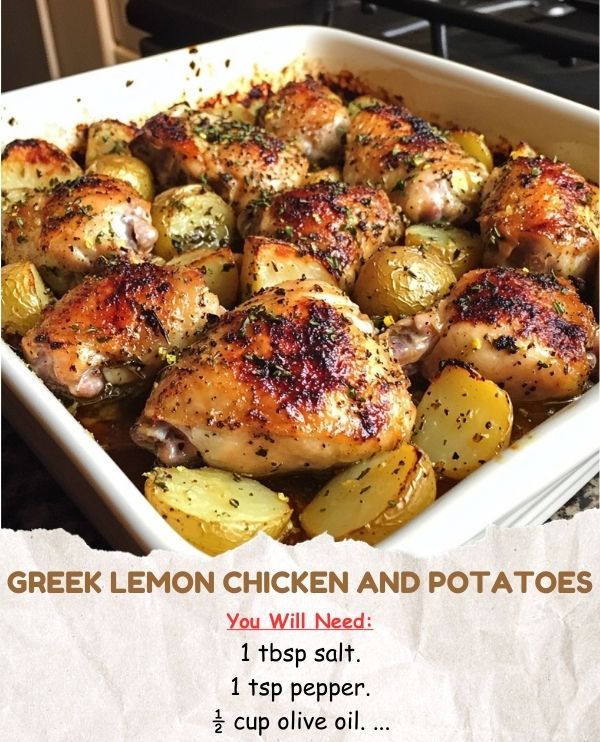 the recipe for greek lemon chicken and potatoes is in a white dish with text overlay