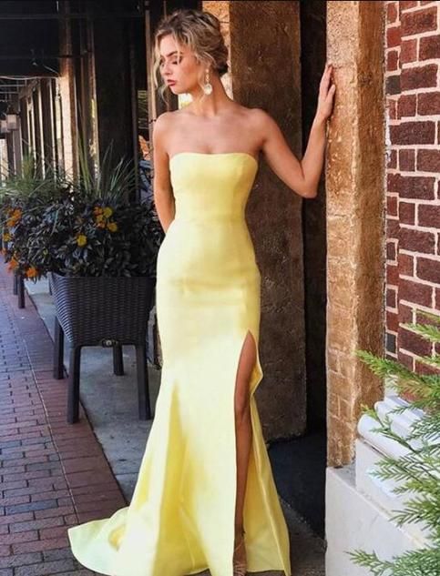 Mermaid Yellow, Yellow Formal Dress, Puffy Prom Dresses, Mermaid Gown Prom, Formal Ball Gown, Strapless Prom Dress, Prom Dresses Yellow, Strapless Prom Dresses, Yellow Satin