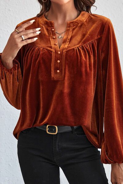 Features: Decorative button Sheer: Opaque Stretch: Slightly stretchy Material composition: 95% polyester, 5% elastane Care instructions: Machine wash cold. Tumble dry low. Imported Product measurements: S: bust 42.5 in, shoulder 15 in, sleeve length 24.2 in, length 25.4 inM: bust 44.9 in, shoulder 15.6 in, sleeve length 24.6 in, length 26.1 inL: bust 47.2 in, shoulder 16.2 in, sleeve length 25 in, length 26.9 inXL: bust 50.3 in, shoulder 17 in, sleeve length 25.4 in, length 27.7 in Lantern Sleeve Top, Velvet Blouses, Velvet Top, Maxi Dress Cocktail, Velvet Tops, Lantern Sleeve, Lantern Sleeves, Flared Sleeves, V Neck Tops