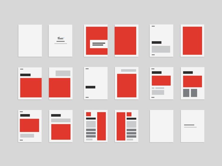 red and white brochures are arranged on a gray background, with black lines