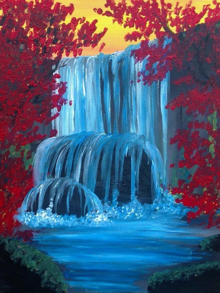 a painting of a waterfall with red leaves