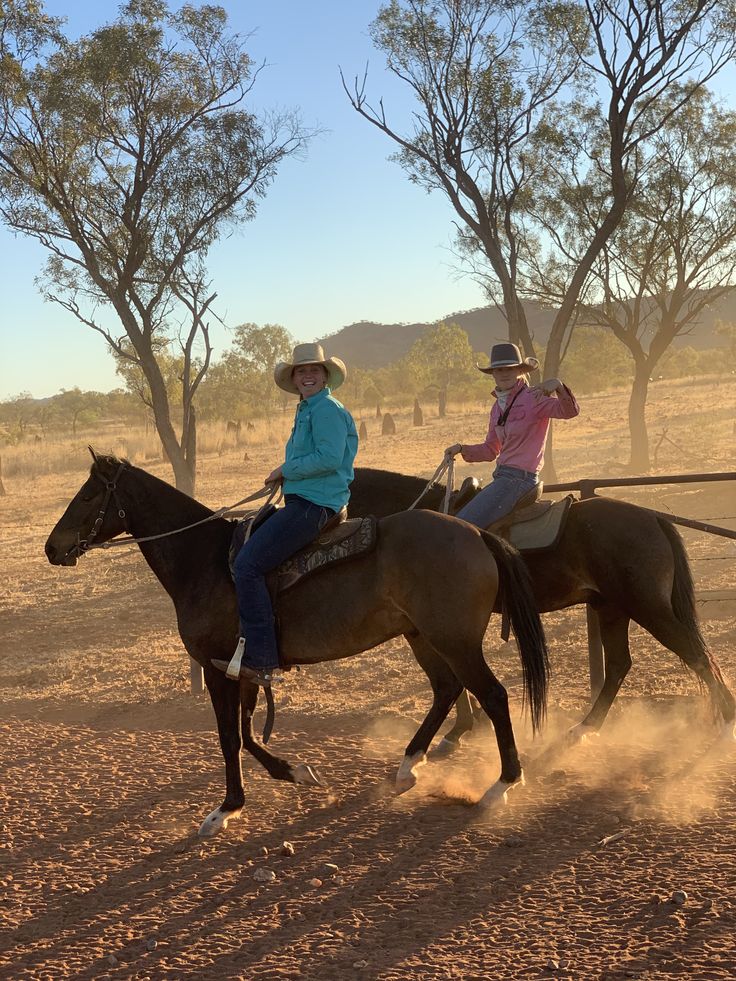 two people riding horses in an open area with trees and dirt on the ground behind them