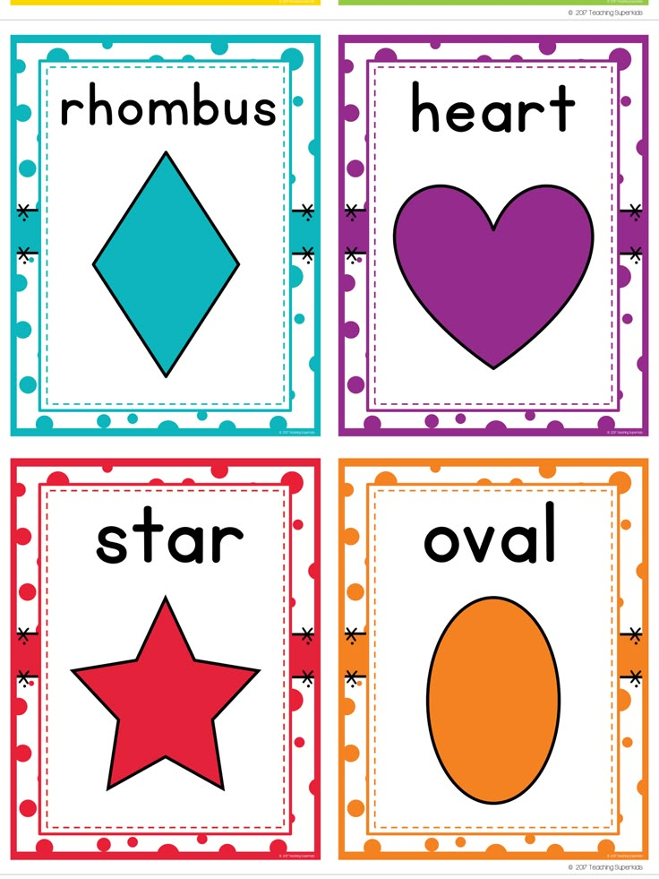 four cards with different shapes and words