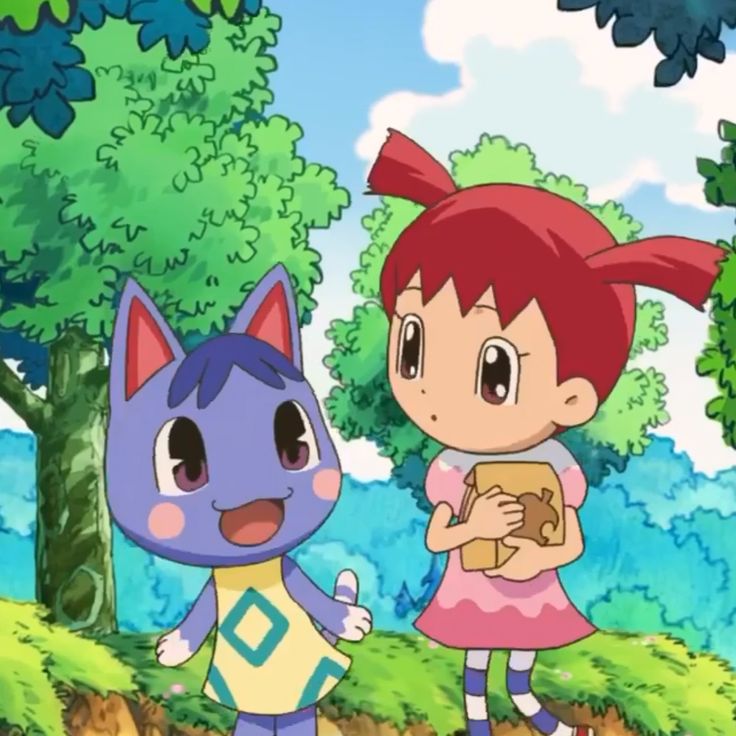 two cartoon characters standing next to each other in front of trees and bushes, one holding a box