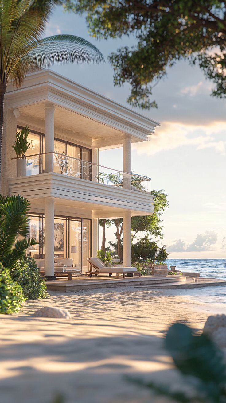 a large white house sitting on top of a beach next to the ocean and palm trees