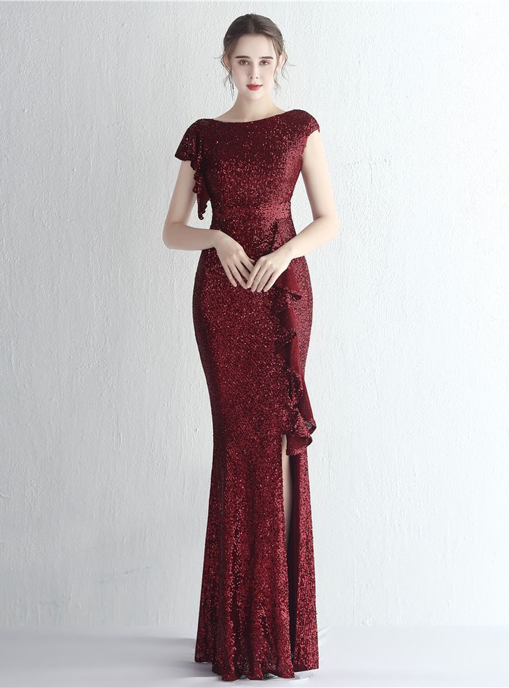 In Stock:Ship in 48 Hours Burgundy Sequins Cap Sleeve Prom Dress Cap Sleeve Prom Dress, Prom Fashion, Dresses Birthday, Sequin Evening Gowns, Formal Prom Dresses, Asymmetrical Hem Dress, Mermaid Sequin, Night Dresses, Tie Waist Dress