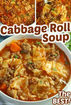 cabbage roll soup in a white bowl with the title above it