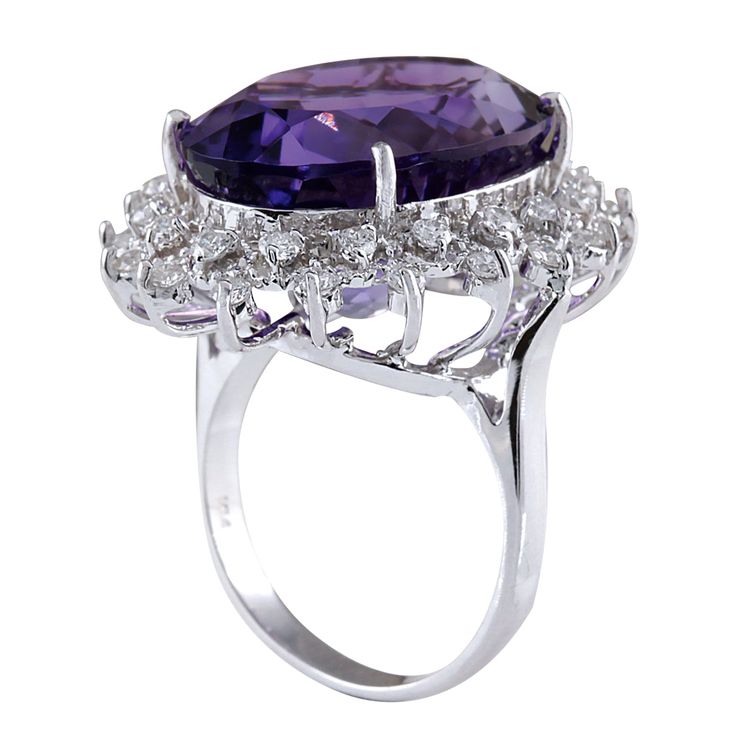 Stamped: 14K White Gold Total Ring Weight: 7.0 Grams Ring Length: N/ARing Width: N/A Gemstone Weight: Total Natural Amethyst Weight is 18.80 Carat (Measures: 20.10x15.15 mm) Color: Purple Diamond Weight: Total Natural Diamond Weight is 1.00 Carat Quantity: 36 Color: F-G, Clarity: VS2-SI1 Face Measures: 27.40x23.30 mm Sku: [702374W] Luxury Multi-stone Amethyst Wedding Ring, Elegant Multi-stone Amethyst Ring In Yellow Gold, Exquisite Evening Gemstone Rings, Luxury Formal Hallmarked Gemstones, Elegant Multi-stone Amethyst Ring Gift, Purple Sapphire Ring With Prong Setting For Formal Occasions, Purple Amethyst Rings For Formal Occasions, Timeless Formal Amethyst Ring, Marquise Multi-stone Cluster Ring For Formal Occasions