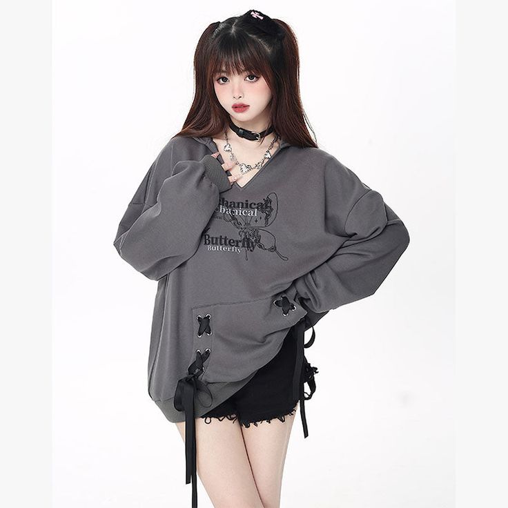 Product ID: JW5673 
 Material: Cotton, Polyester 
 Color: Black, Gray, White 
 Size Info: 
 Centimeter Sizes: 
 S   Bust 124cm, Length 68cm, Sleeve 54cm 
 M  Bust 128cm, Length 70cm, Sleeve 55cm 
 Inch Sizes: 
 S: Bust 48.82 inches, Length 26.77 inches, Sleeve 21.26 inches 
 M: Bust 50.39 inches, Length 27.56 inches, Sleeve 21.65 inches www.ccovv.com Butterfly Letters, Short Scarves, Human Bean, Hoodie Sweater Dress, Y2k Butterfly, Clothing Design Sketches, Loose Hoodie, Y2k Hoodie, Grey Hoodie