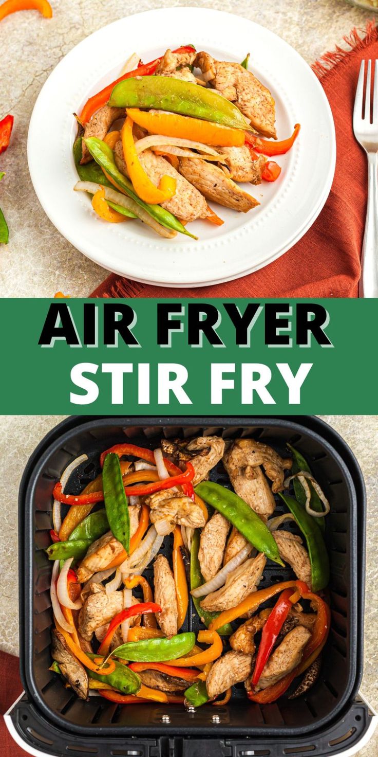 an air fryer with stir fry vegetables in it and the words air fryer stir fry