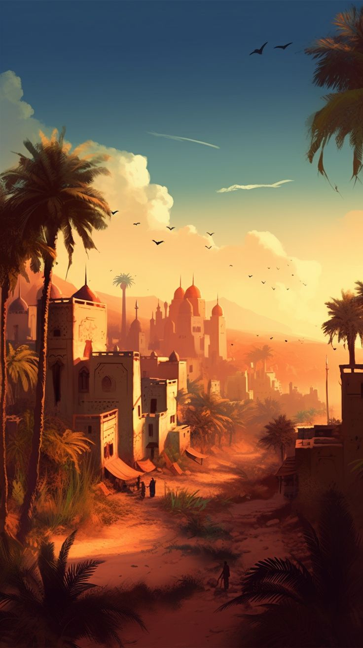 a painting of a desert town with palm trees