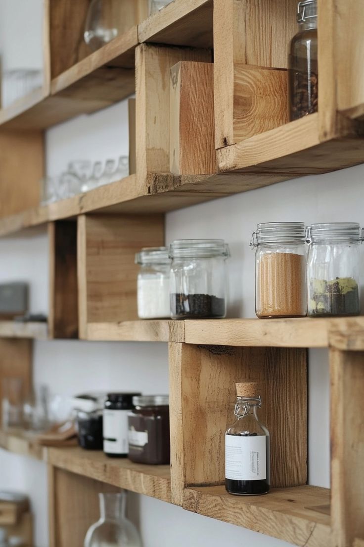 wooden shelves with jars and spices on them