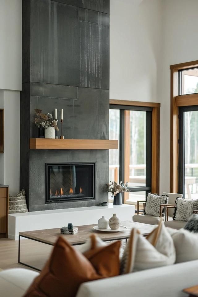 Elevate Your Space with Two Story Fireplace Ideas Wall To Ceiling Fireplace, Tall Tiled Fireplace Wall, Fireplace 9ft Ceiling, Two Story Double Sided Fireplace, Angled Ceiling Fireplace, Centered Fireplace Living Room, 20ft Fireplace Wall, Modern Tall Fireplace, Vertical Fireplace Ideas