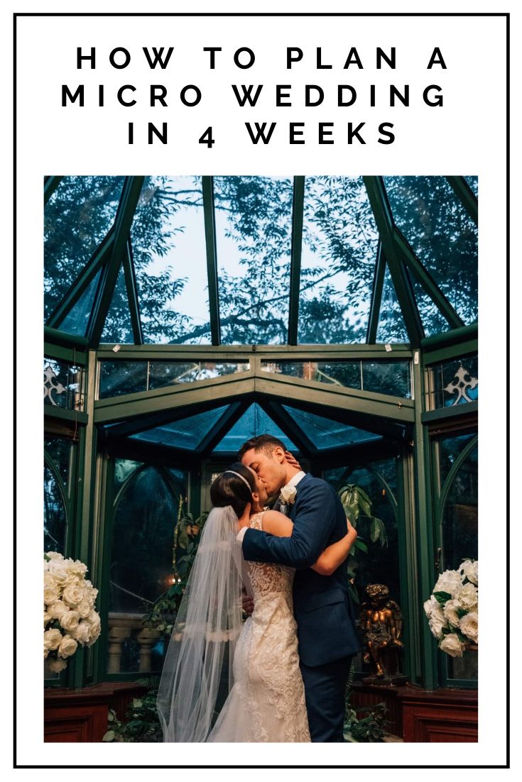 a bride and groom kissing in front of a gazebo with the words how to plan a micro wedding in 4 weeks